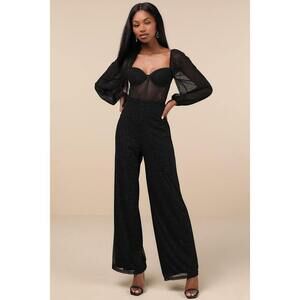 Lulus Magnetic Glamour Black Balloon Sleeve Mesh Bustier Jumpsuit - Size M